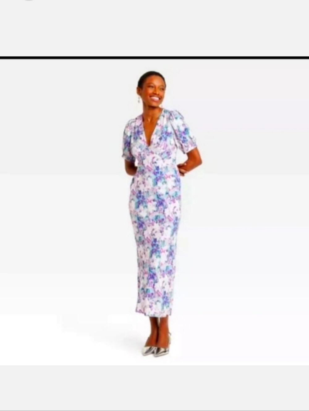 Floral V-Neck Midi Dress in Lavender Vneck Short Puff Sleeeve Size 3X